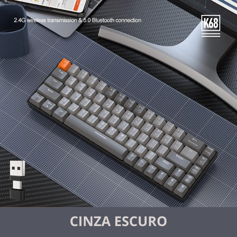 Teclado Mecânico Sem Fio 68 Teclas 2.4G BT5.0 Tipo-C