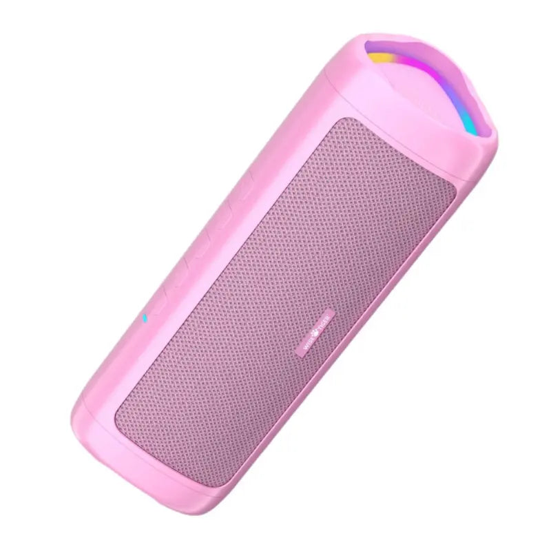 Caixa de Som Portátil Wise Tiger C27 cor rosa  da Loja Quarto Tech: Leve, elegante e potente.  oferece 24 horas de reprodução, som estéreo de 10W e efeitos de iluminação RGB.  Conectividade Bluetooth 5.3, resistência à água IPX5 e portabilidade sem esforço.  Experimente uma experiência sonora incomparável. Adquira Já!